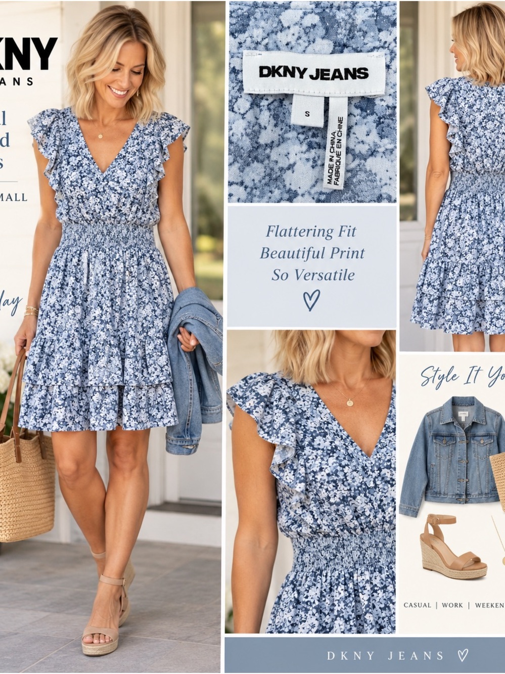 Dkny Blue Floral V-Neck Ruffle Mini Dress